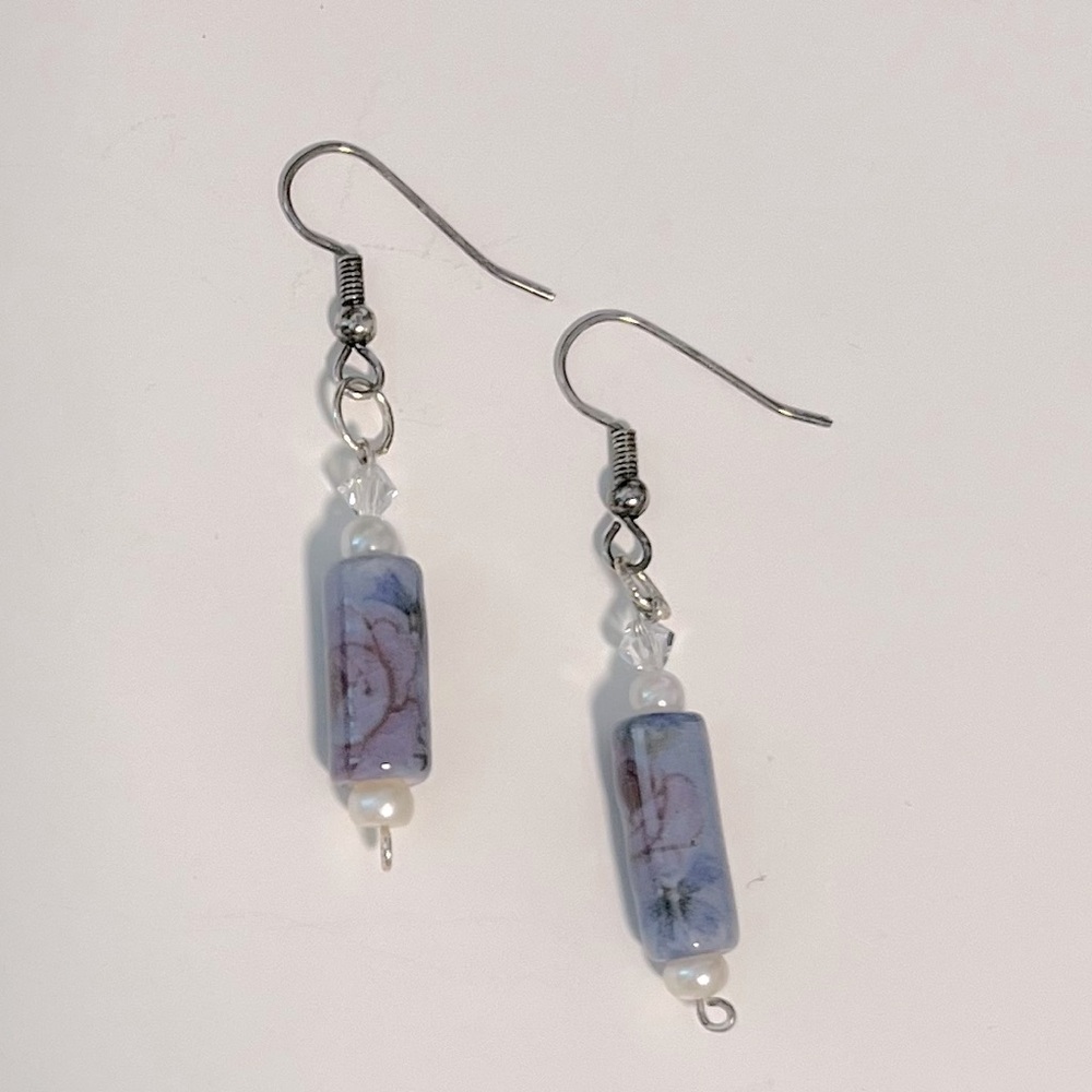 Light Blue Beaded Drop Barrel Earrings Glass No Tarnish